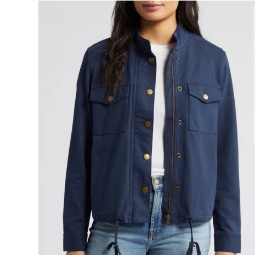 CASLON STRETCH ORGANIC COTTON SOFT BLUE JACKET. SIZE LARGE.